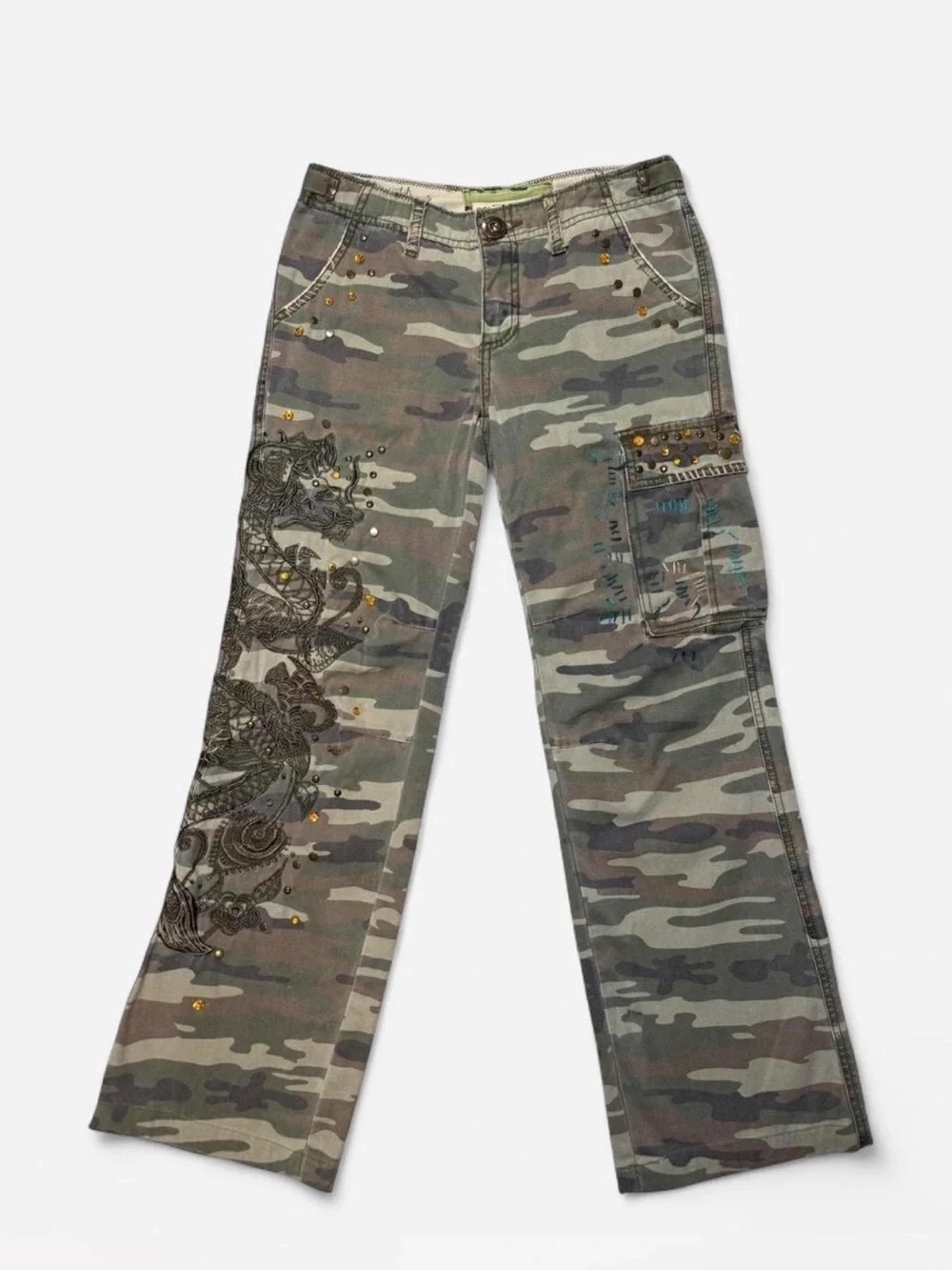 Vintage Rare Y2K Miss Me Low Rise Camoflauge Embroidered Studded Cargo Pants Sz
